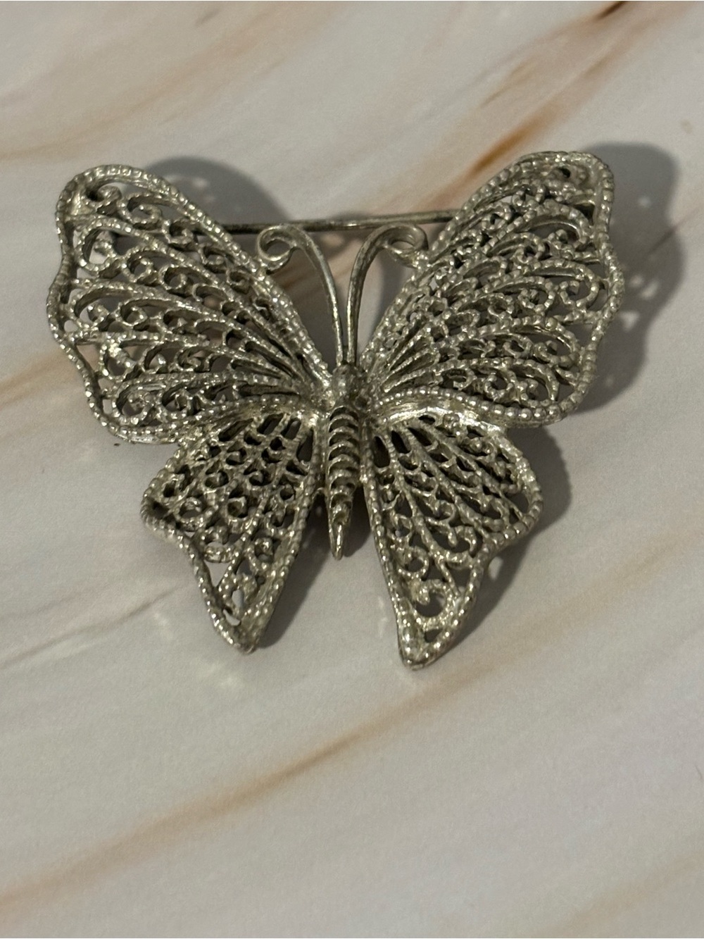 Silver Filigree Butterfly Brooch Pin 2”